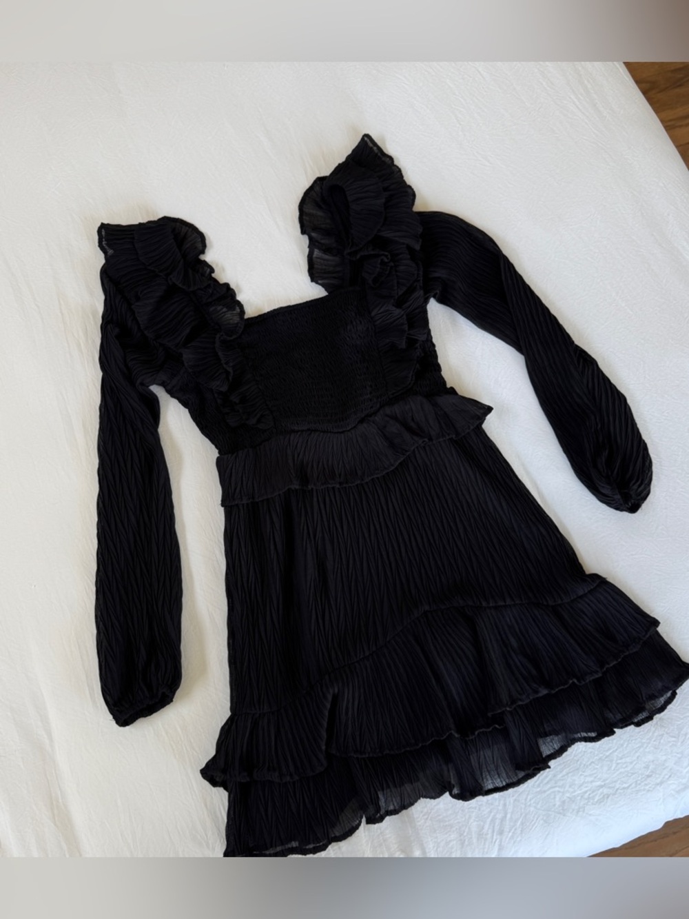 Windsor Black Ruffle Square Neck Long-Sleeve Mini Dress